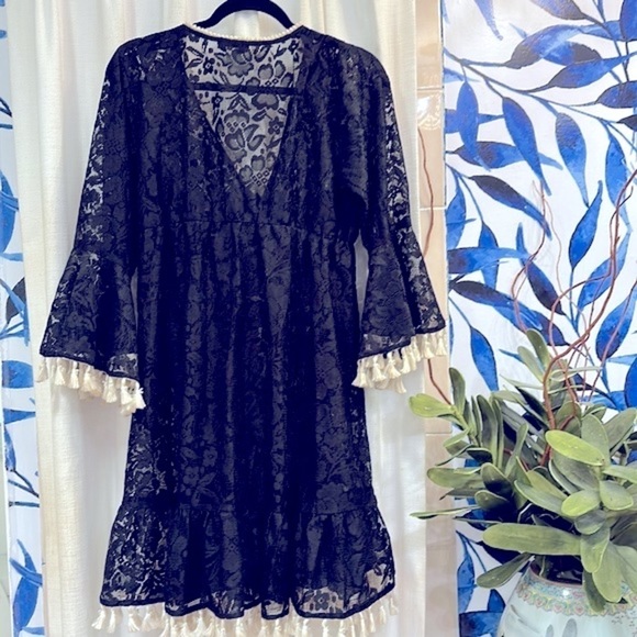 NWOT Women’s Venus Black Lace V Neck Tassels Dress Beach Cover Up Size 6 - Picture 6 of 6